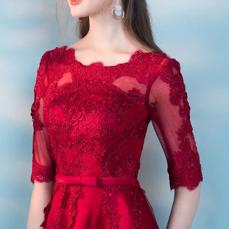Красное вино длинное официальное вечернее платье Свадебные Аппликации половина рукава Тюль Вечерние платья на шнуровке тонкие элегантные банкетные платья