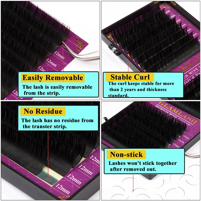 GLAMLASH 15Cases/Lot 16Rows handmade faux mink lash extension korea pbt natural soft eyelashex individual extension makeup cilia