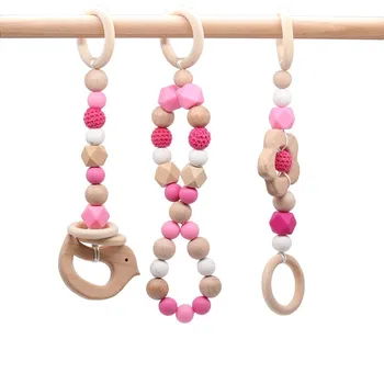 

Wooden Beech Wood Teether 3pc Chew Silicone Beads DIY Teether Baby Teething Bracelet Play Gym baby toys Set Baby Shower Gifts
