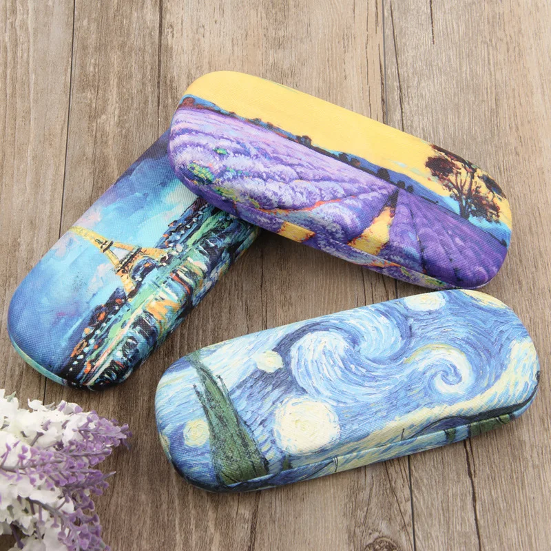 iboode Oil Painting Glasses Case Box Women Hard Leather Reading Glasses Case Men Retro Unisex Floral Print Eyewear Protector glasses case zipper eyewear box