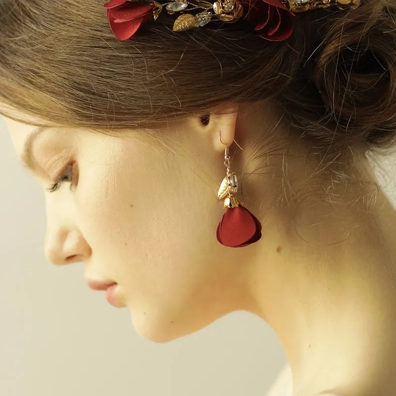 Red Burnt Edge Flower Bridal Earrings Chinese Style Wedding Hair