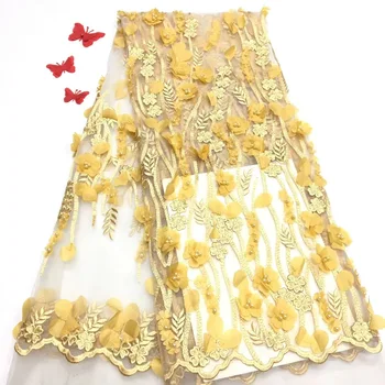 

French yellow lace fabric, handmade beads, 2019 high quality embroidery mesh, African lace fabric beaded dress RF30071