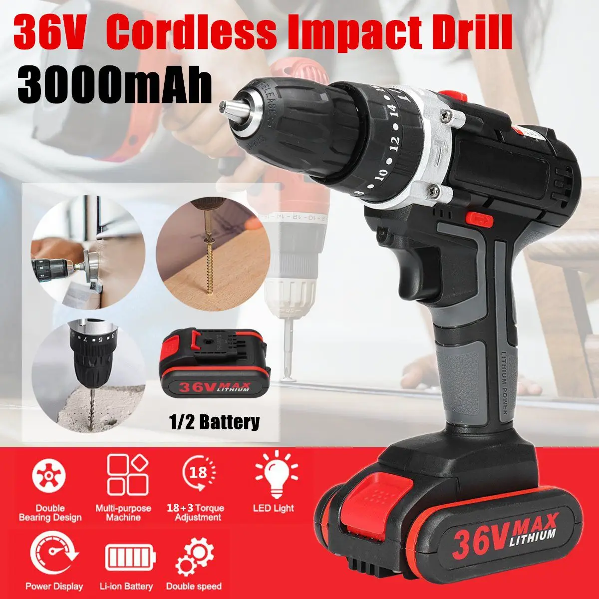 

3000mAh 36V Electric Cordless Drill 2-10mm Chuck 18+3 Clutches Wireless Electric Drill 1/2 Li-ion Battery Home DIY Power Tool