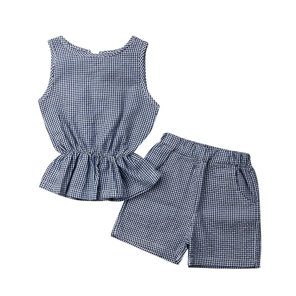 

Summer Toddler Kids Baby Girl Sleeveless Plaid Vest Tops Shorts Hot Pant Bottom 2PCS Outfits Sunsuit Clothes Set