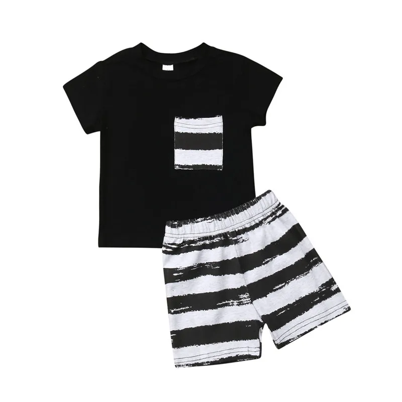 

0-24M Baby Kids Clothes Set Solid Black Short Sleeve T-shirt Cotton Tops Toddler Girls White Stripe Short Pants Clothing Outfit