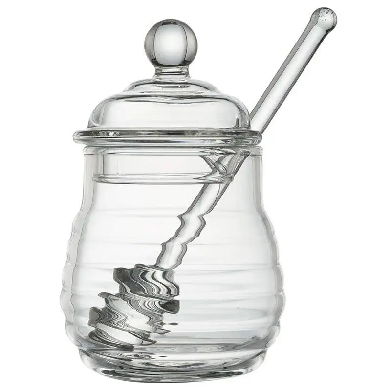 

Promotion! Transparent glass honey jar with lid Honey Jar with Dipper, Clear, 9 Ounces