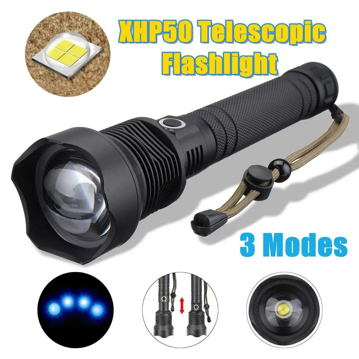 

XANES 1287 Zoomable USB Rechargeable LED Flashlight XHP50 Highlight Telescopic Torch 26650 18650