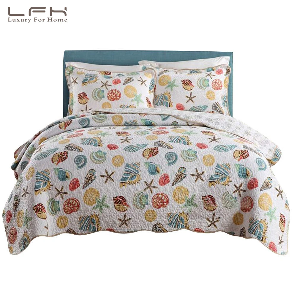 

LFH Super Soft Coral Ocean Bedding Set Seashells Beach Theme Patchwork Quilt Set Comforter Set 1 Quilt & 2 Shams Shell Queen