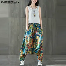INCERUN мужские шаровары женские хип-хоп мешковатые брюки хлопок солнце цветочный крест-брюки широкие ноги 5XL свободный промежность танцевальные брюки