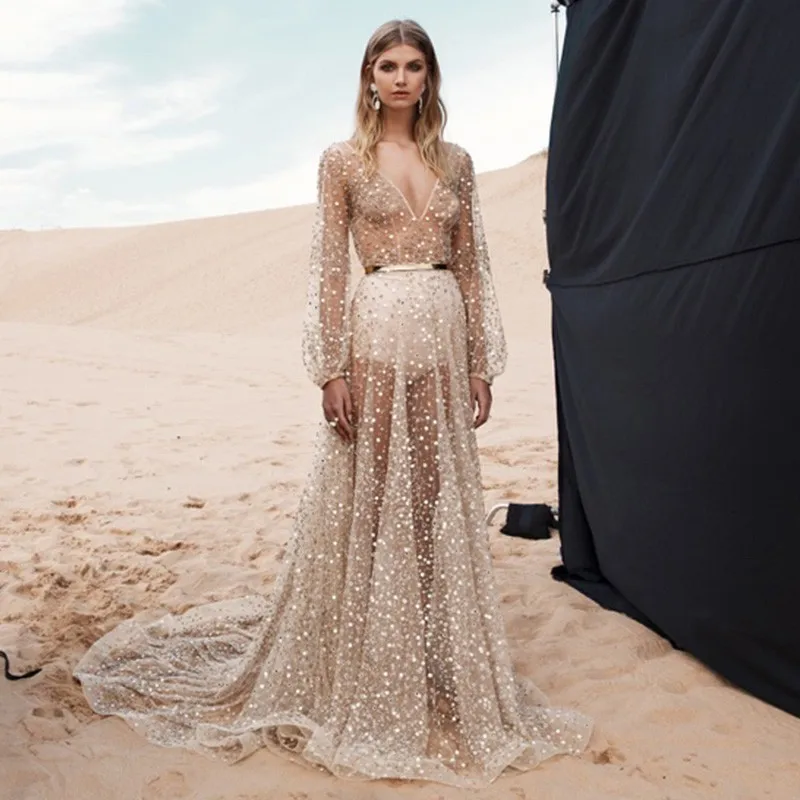 Shiny Luxury Beach Skirt Sequin Deep V Mesh Backless Dress Women 2019 See Through Sexy Cover Up With Long Sleeve |