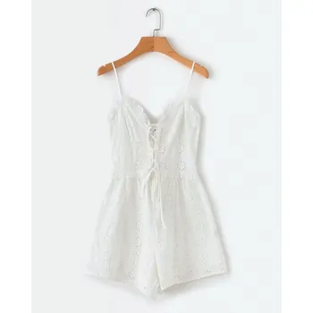 

2019 Summer Women Embroidery Jumpsuit Fashion White Spaghetti Hollow Jumpsuit Bohemian Lace Up Ruffled High Waist Rompers