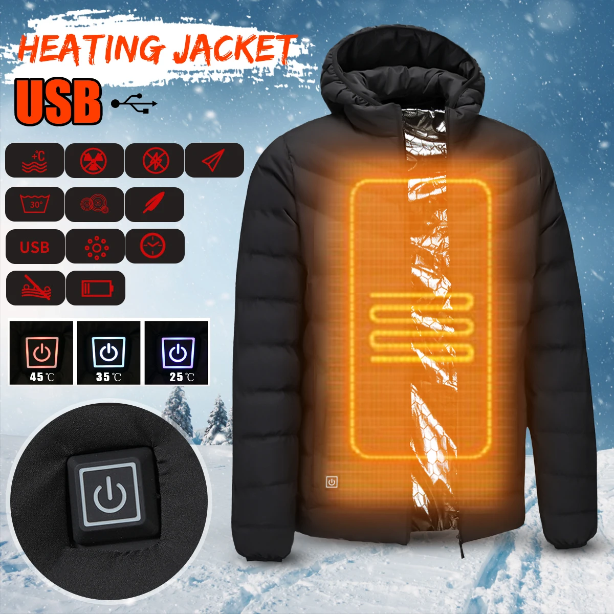 Mens Winter Heated Safety Vest Jacket USB Hooded Work Heating Jacket ...