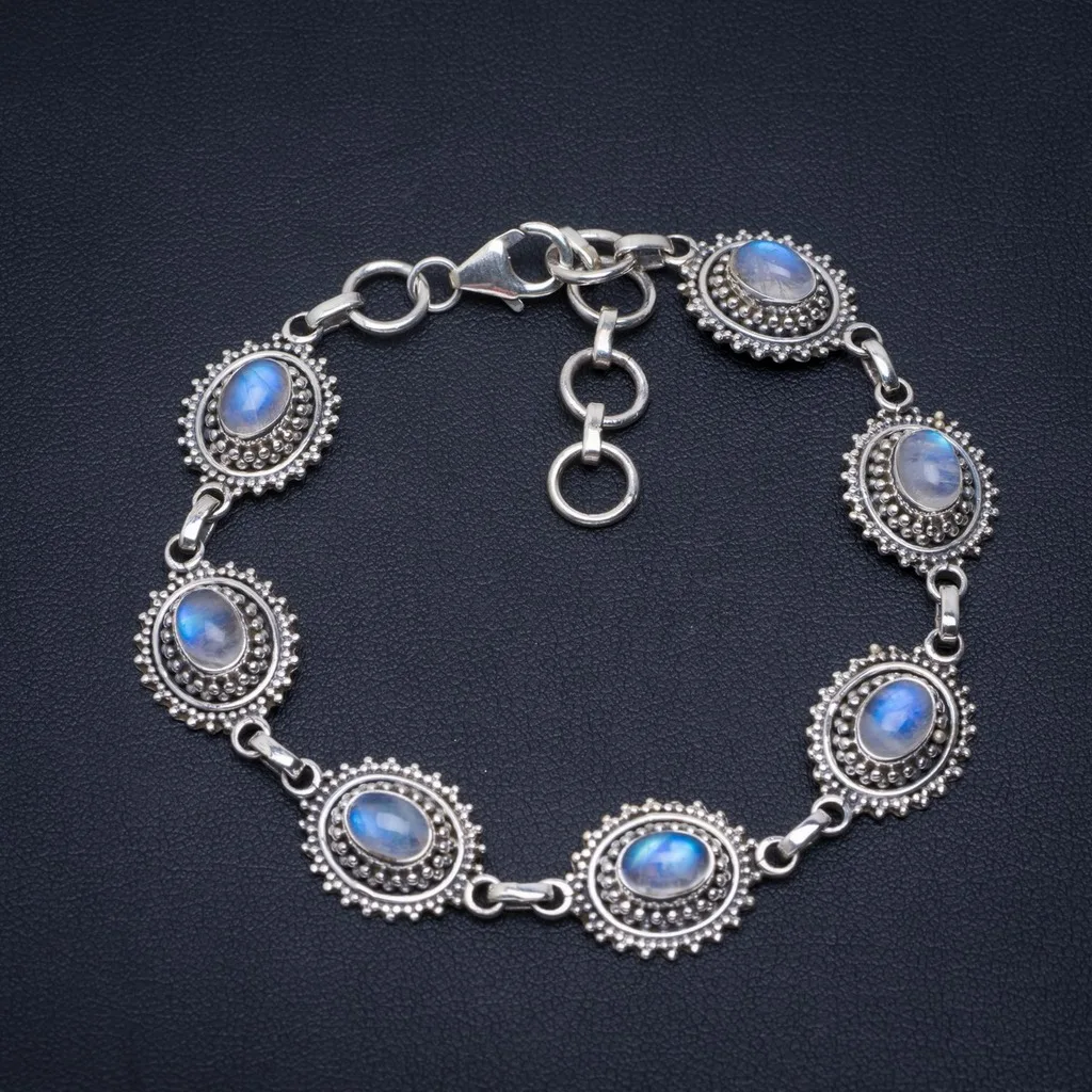 

Natural Rainbow Moonstone Handmade Unique 925 Sterling Silver Bracelet 7.25-8.25" A2825