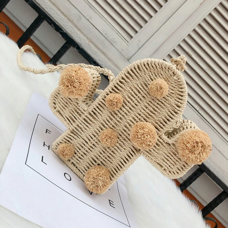

[Super Seabob] 2019 Spring Summer Woman Personality Stylish Cactus Shape Single Strap Spliced Hairball Straw Messenger Bag LM253