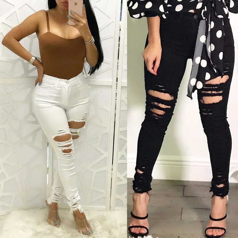 

2018 Fashion Black and White Skinny Casual Pencil Pants Hole Ripped High Waist High Elastic Wash Jeans for Women Plus Size