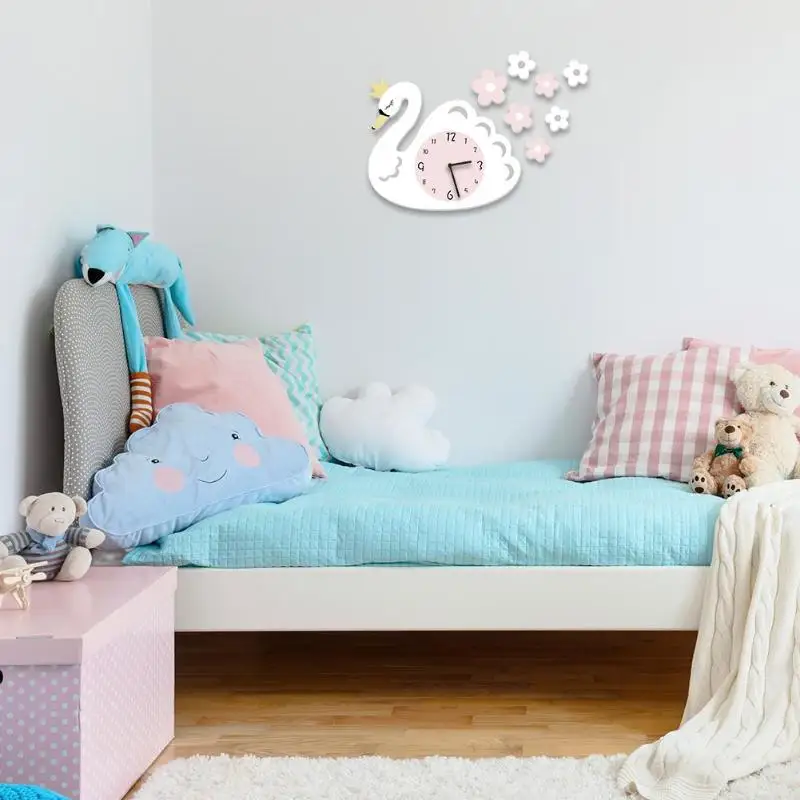 

3D DIY Cartoon Swan Clock Children Silent Wall Sticker Bedroom Living Room Decor Clock Office Home Decoration For Kids Bedroom