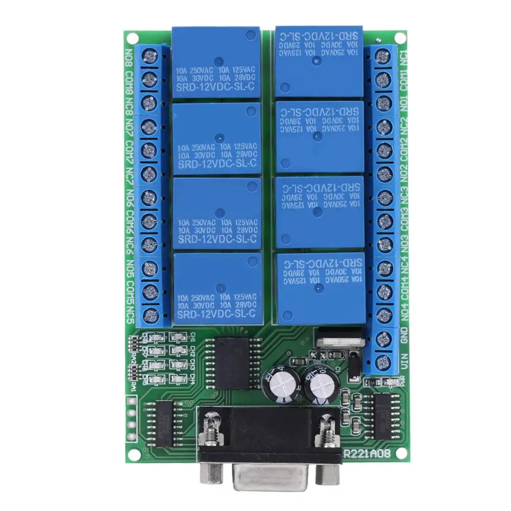 

Hot Sale 12V 8-Channel Relay DB9 RS 232 Relay Module Smart Home Remote Control Switch Relay Board