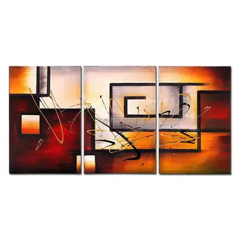 

3-Piece 100% Hand Painted Orange Oil Paintings Canvas Wall Art Panels Stretched Lines Rectangle Modern Abstract Artwork Decor