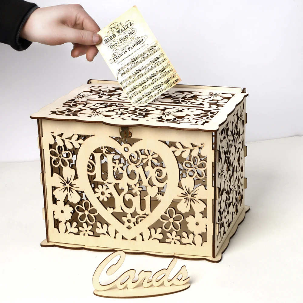 Свадебная открытка Коробки святить деревянный Новинка; Лидер продаж для DIY свадебная открытка коробка деревянная коробка для денег с замком Свадебные Decororations