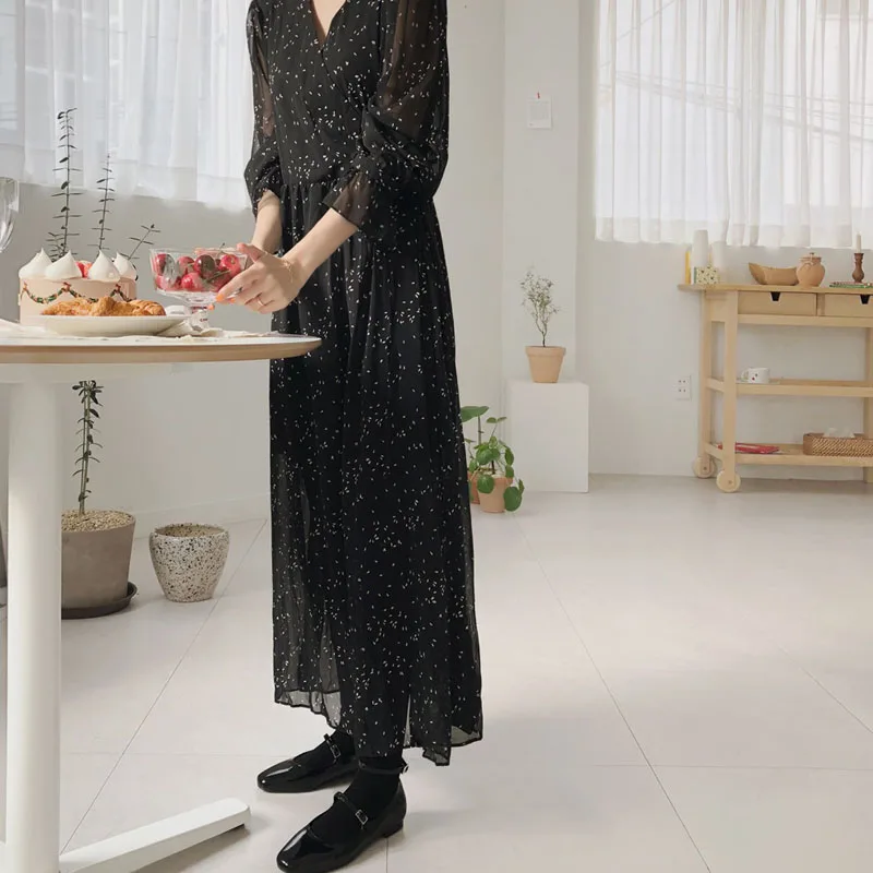Весенние милые длинные платья, женские платья в Корейском стиле с длинным рукавом, темпераментное женское платье с v-образным вырезом, фиолетовое черное винтажное платье-рубашка 6512