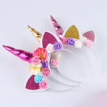 2018 nova marca bonito crianças mulheres doce flor unicórnio chifre faixa de cabelo bandana festa aniversário flor floral headwear coroa