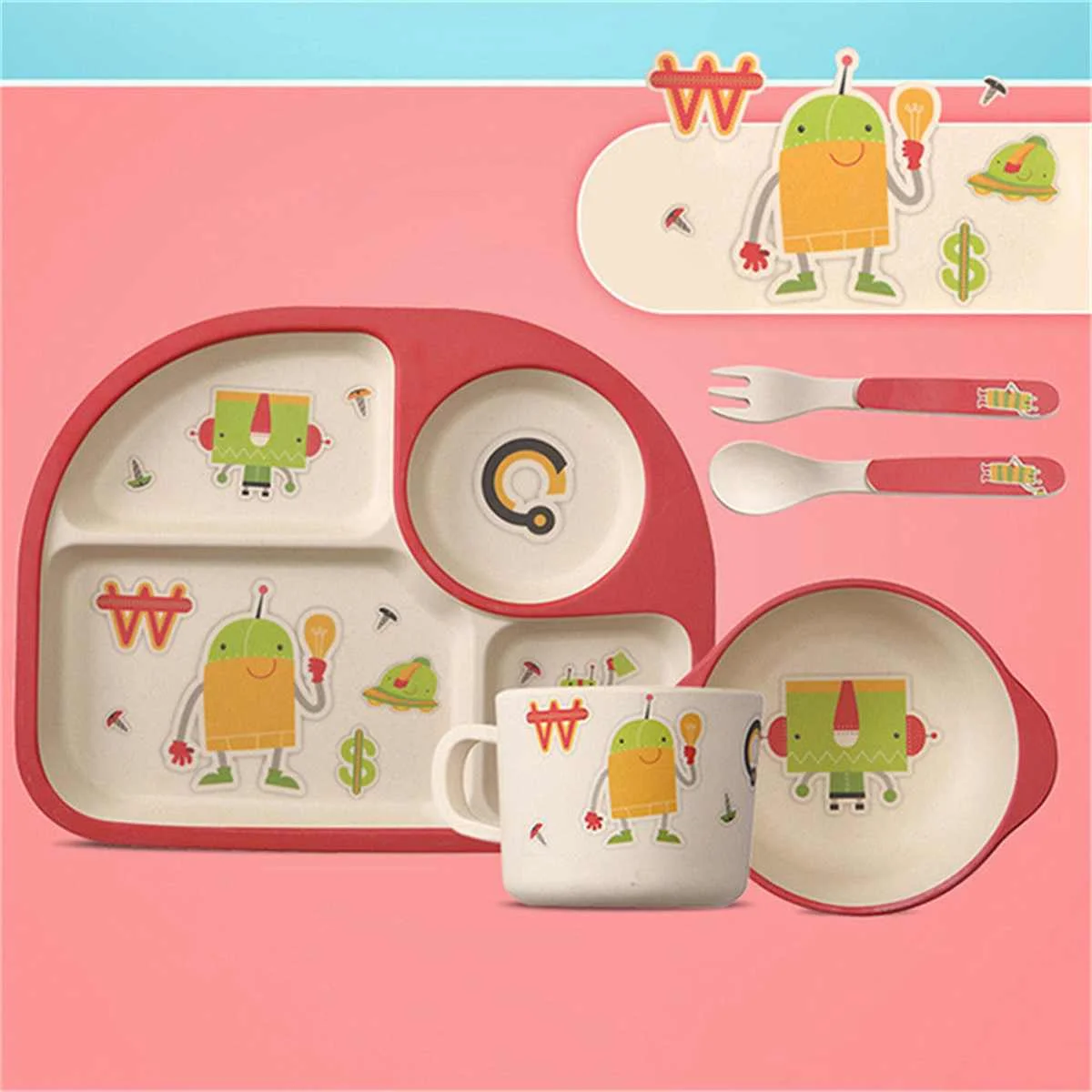 4 Colors 5Pcs/Set Baby Feeding Bowl Plate Dishes Fork Spoon Cup Children Tableware Bamboo Fiber Cartoon Separation Feeding Plate 4 Colors 5Pcs/Set Baby Feeding Bowl Plate Dishes Fork Spoon Cup Children Tableware Bamboo Fiber Cartoon Separation Feeding Plate