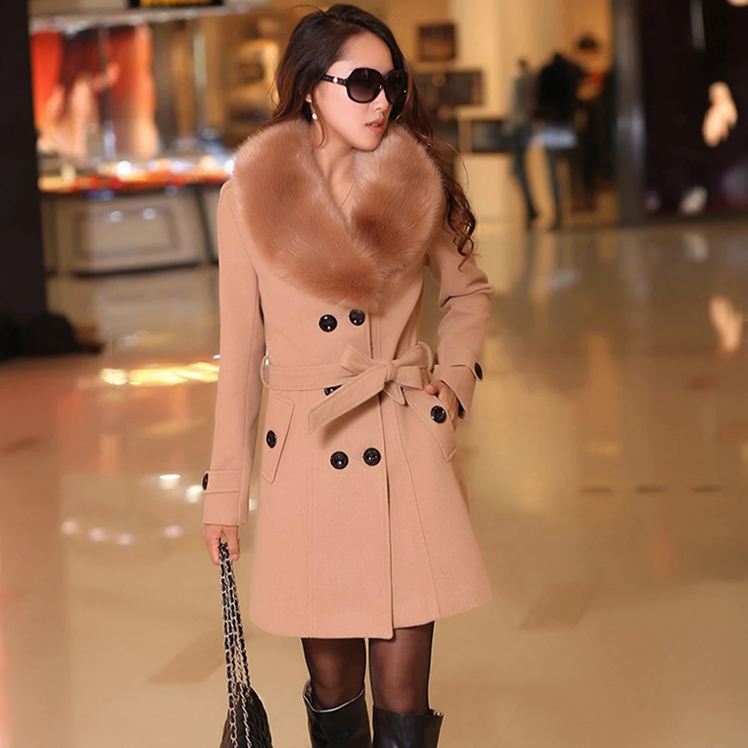 Hiver Avec Manteau gray Long Double Élégantes Col Outwear Laine Femmes 2018 Black Chaud Plus Taille Boutonnage Veste De Fourrure brown Fit Mince La Ceinture Dames qZwv8gA
