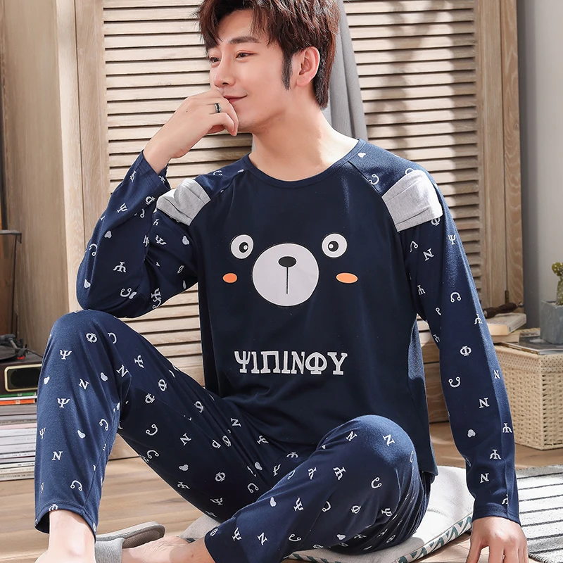 

Men's Pajamas Spring Long Sleeve Cotton Pyjamas Sleepwear Male Stripe Lounge Cartoon Pajama Sets Plus Size Nightwear 3XL