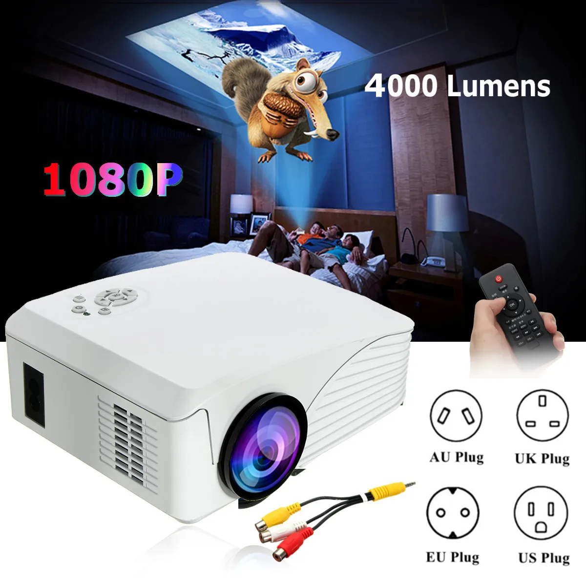 

4000 Lumens Portable mini LED Projector Home Theatre System HD Projector with AV Cable