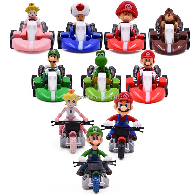 10 Styles/set Anime Figura Super Mario Bros Kart Pull Back Car Cute PVC Action Figure Doll Collectible Model Baby Toy For Kids 