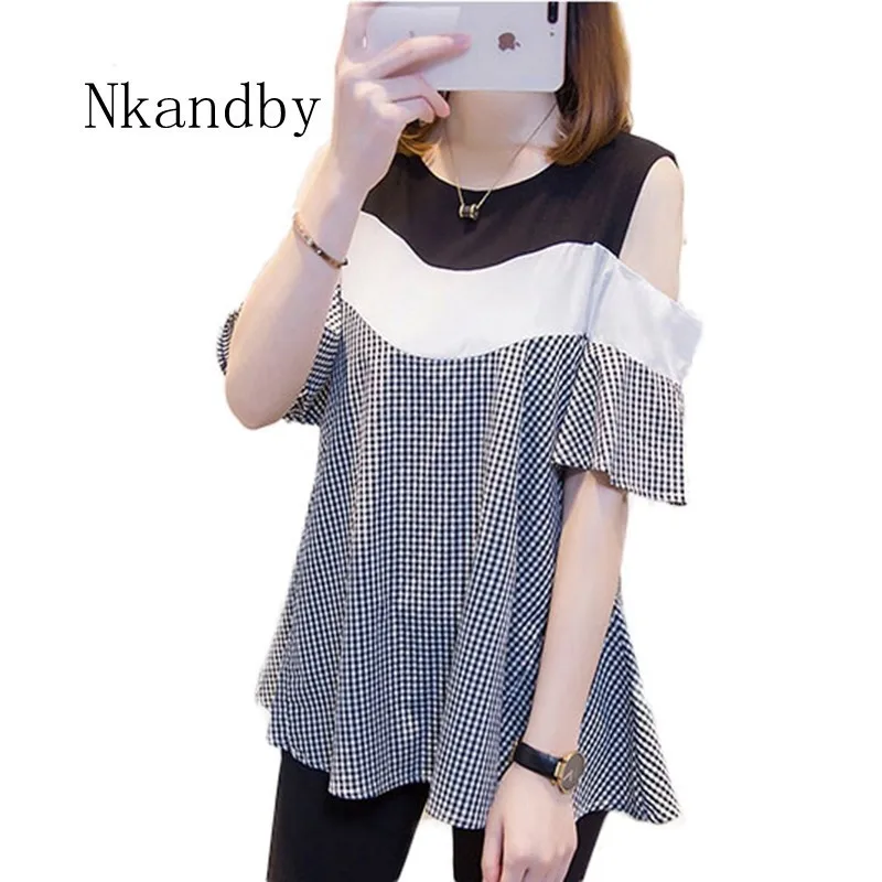 

Nkandby Plus size Off the Shoulder Women Shirts Summer Sweet A-line Loose Plaid Spliced Oversize Feminine Blusas 5XL 4XL Big Top