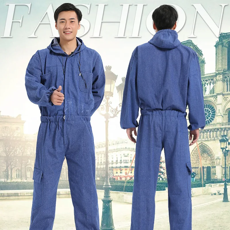 

New Men Overalls Denim Work Clothing Long Sleeve Hooded Coveralls Labor Overalls For Machine Welding Auto Repair Painting