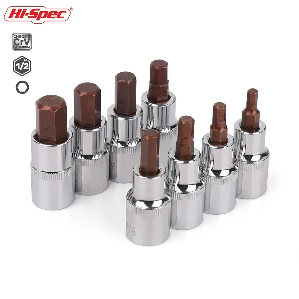 

Hi-Spec 1/2 Hex Bit Socket Set S2 Spline Bits H5-H14 Adapter Allen Key Universal Head for Torque Spanner Ratchet Socket Wrench