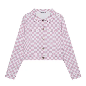

New Streetwear Pink Checkerboard Jacket Women Casual Short Coats Tumblr Girl Crop Top Harajuku Plaid Checkered Cropped Jackets