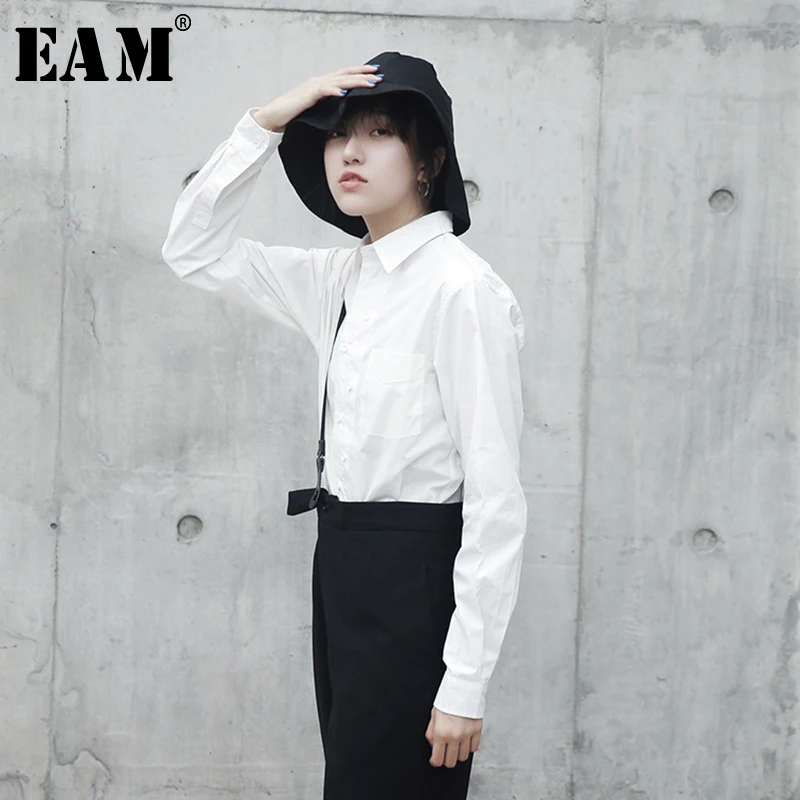 

[EAM] 2019 New Autumn Winter Lapel Long Sleeve White Irregular Hem Split Joint Loose Shirt Women Blouse Fashion Tide JG905