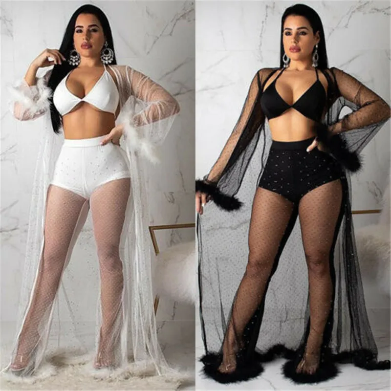 

2019 Women Lace Crochet Summer Beach Cover Up Sexy Lady See-through Mesh Long Dress with Fur Women Sequins Swimwear Cover Up