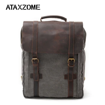 

ATAXZONE Wash Canvas backpack high quality crazy horse leather 15-inch laptop school bag Fashion vintage brand men's backpack
