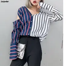 Women Hit Color Striped Blouses Blue White Irregular Split Shirts V-neck Lapel OL Blouses Long Cut out sleeves Long Causal Tops grid pattern long sleeves blouses
