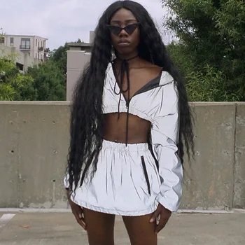 

hirigin Sexy Women Reflective Sets Zippper V Neck Crop Tops +Skirt Club Casual Fashion Sets