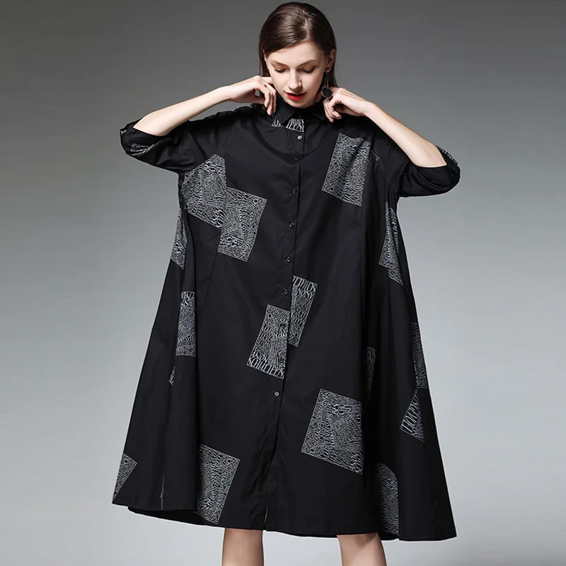 

[EAM] 2019 New Autumn Winter Lapel Long Sleeve Black Loose Pattern Printed Loose Big Size Shirt Dress Women Fashion Tide JQ279