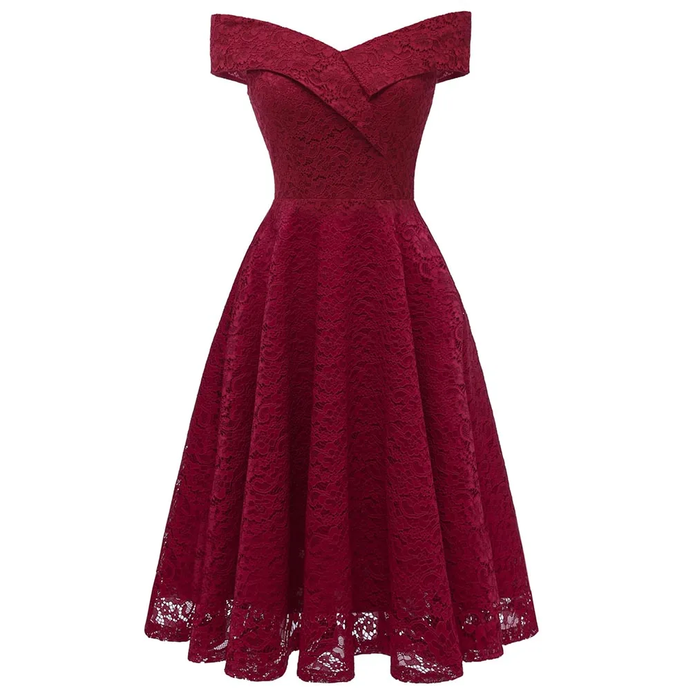 

Wipalo Spring Summer Lace Off Shoulder Flare Party Dress Women Sleeveless A Line Elegant Solid Dress Vestidos High Waisted Dress