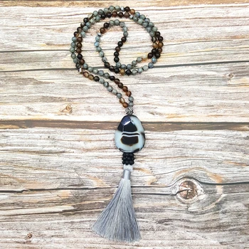 

Lii Ji Natural Labradorite Agates Pendant Tassel Bohemia Long Hand Made Mala 108 beads Necklace Drop Shipping