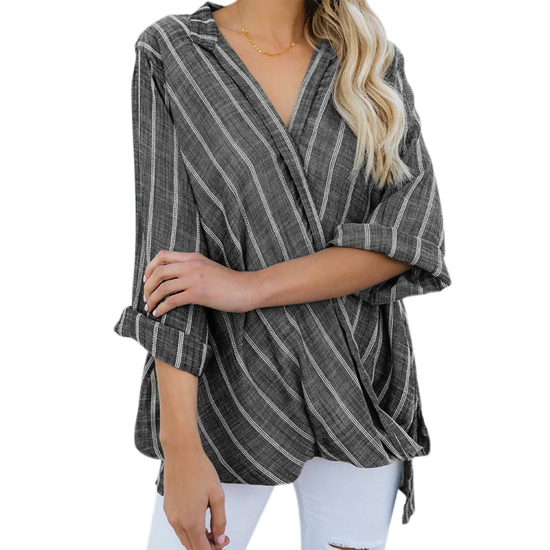 

NEW-Women Striped Blouse V Neck Long Sleeve Baggy Wrap Blouse Ladies Loose Front Criss Cross Pullover Irregular Top Shirt