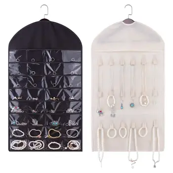 

Hanging Jewelry Organizer, 2PCS Double Side 64 Pockets 36 Magic Tape Hook for Holding Jewleries-2 Colors Black and Beige
