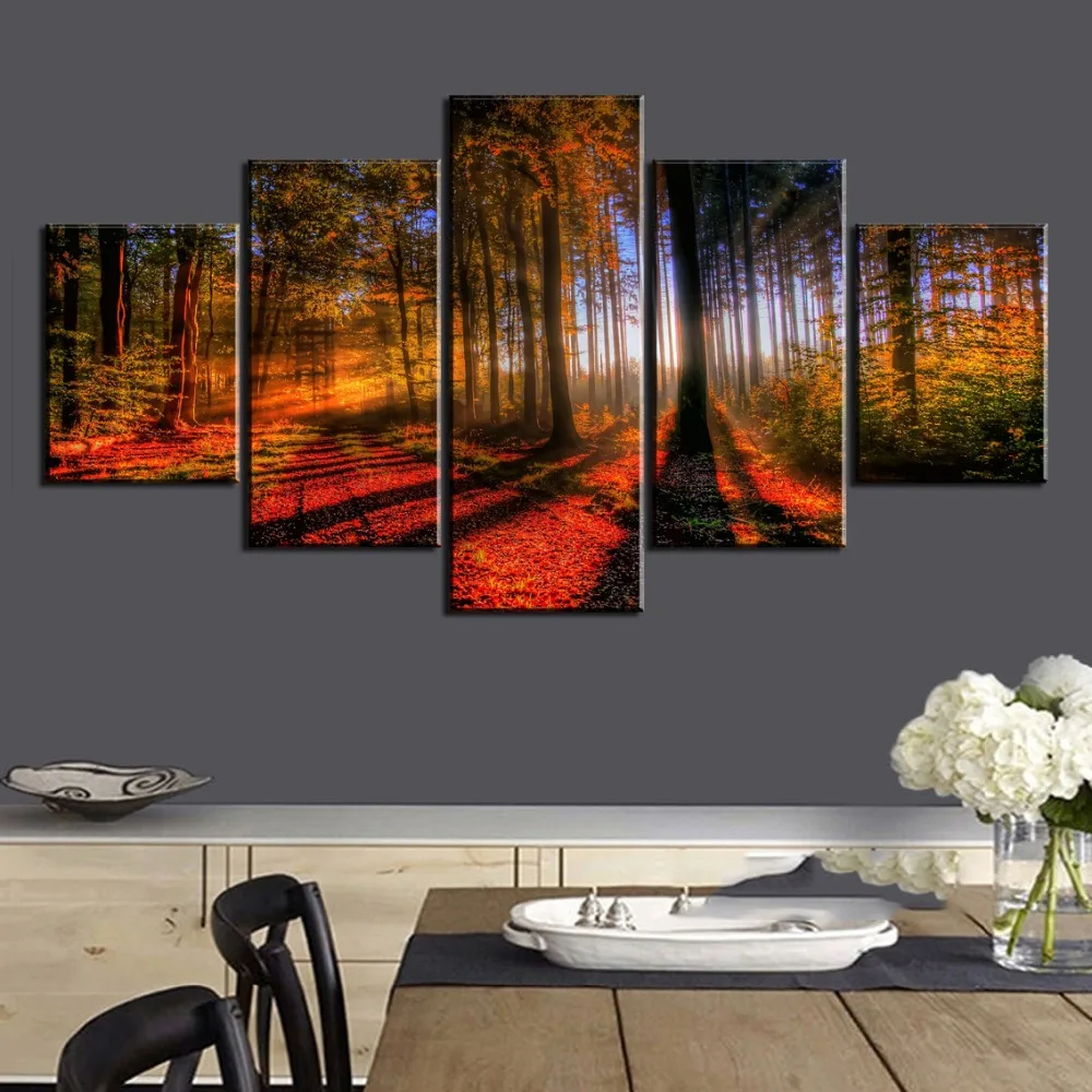 

5 Panel HD Print Large Bright Morning Tree Forest Painting Canvas Wall Art Picture Home Decoration Living Room Canvas Painting