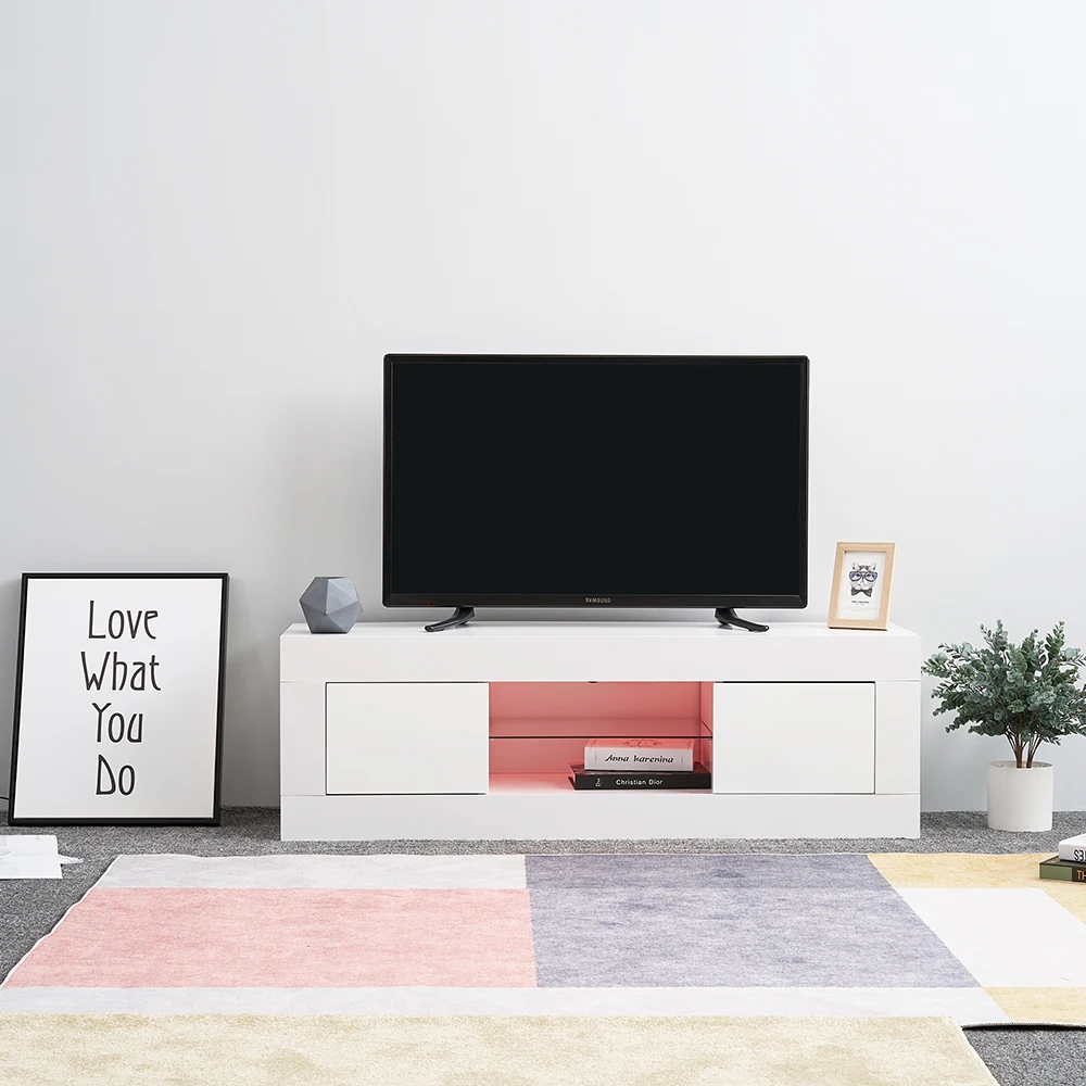 Panana TV Cabinet Unit Storage With LED Light High Gloss Front Doors Shelf TV Stand Livingroom Home Entertainment Furniture