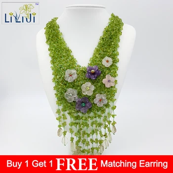 

Lii Ji Peridot,Amethyst ,Quartz Flowers with Jade Toggle Clasp Handmade Knitting Necklace