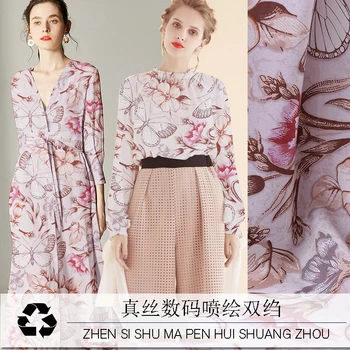 

New 14mm butterfly digital printing natural silk crepe cloth spring and summer soft clothing dress fabric micro transparent