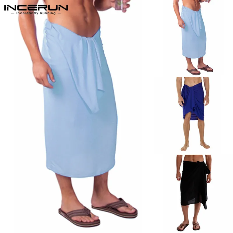 

INCERUN 2019 Mens Bath Towel Skirt Soft Solid Color Leisure Pajamas Homewear Stylish Beach Men Towel Skirts Blanket Bathrobes