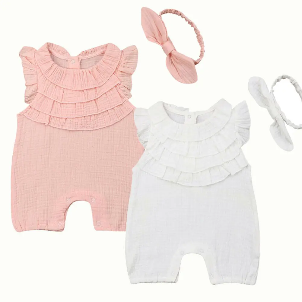 

2PCS Newborn Baby Girl Sleeveless Solid Color Ruffles Cotton Romper Jumpsuit Headband Outfits Summer Girls Clothes